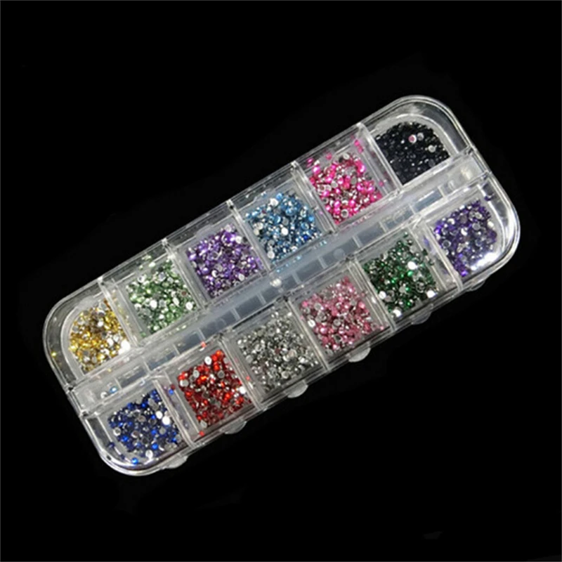 12 Colors Round Rhinestones 2MM Hard Case Nail Art Tips Stickers Acrylic Uv Gel Nail Decal Decor Makeup Tool High Quality