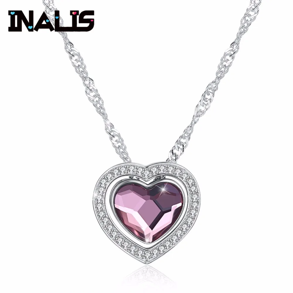 

INALIS New 925 Sterling Silver Necklace Micro Paved Clear CZ with Single Purple Heart Natural Austria Crystal Dual Use Pendant