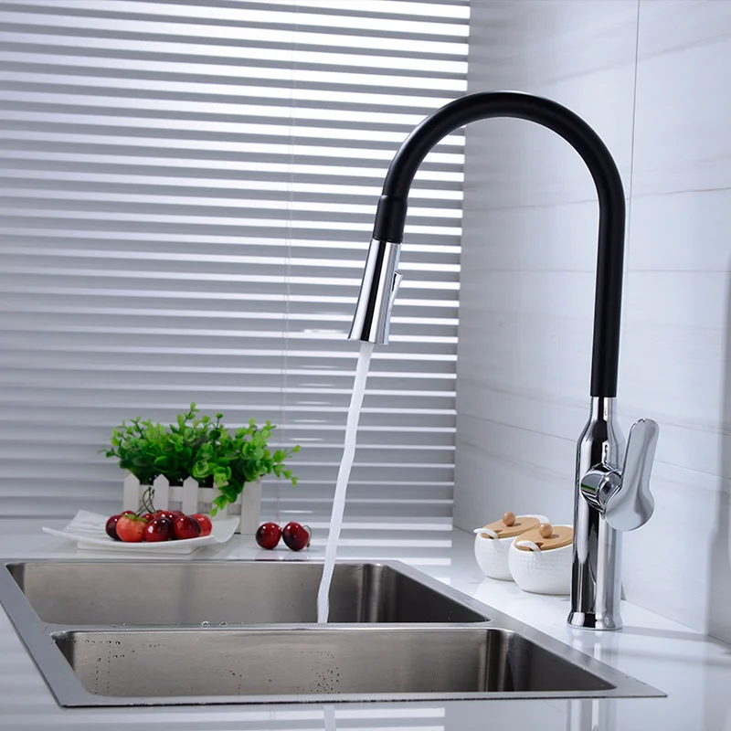 Pulling tap all copper chrome-plated dumb black kitchen faucet washing basin sink cold and hot mixed faucet universal rotation Pulling tap all copper chrome-plated dumb black kitchen faucet washing basin sink cold and hot mixed faucet universal rotation