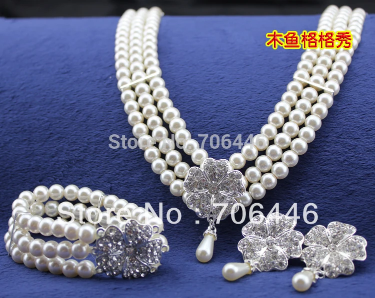Cream Pearl Wedding Jewelry Set Women's Necklace Bracelet and Earrings Sets