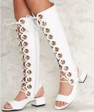 

New Summer Ladies White Grommet Cross-tied Sandals Boots Med Chunky Heel Rome Long Tube Knee High Boots Summer Sexy Women Botas