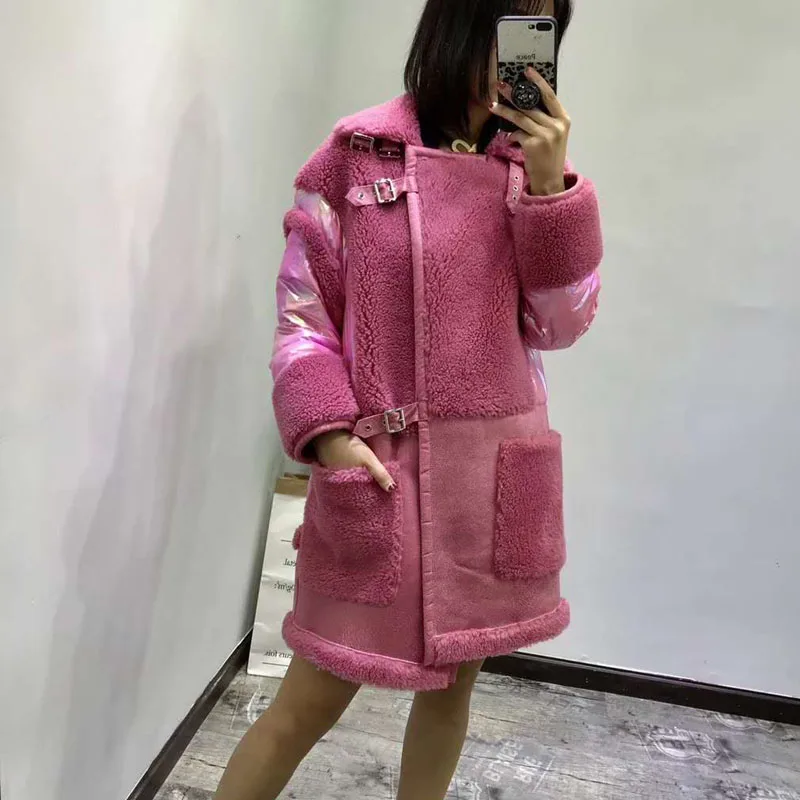 High quality wool blends coat real price new synthetic fur women winter patchwork duck down jacket thick warm female parka