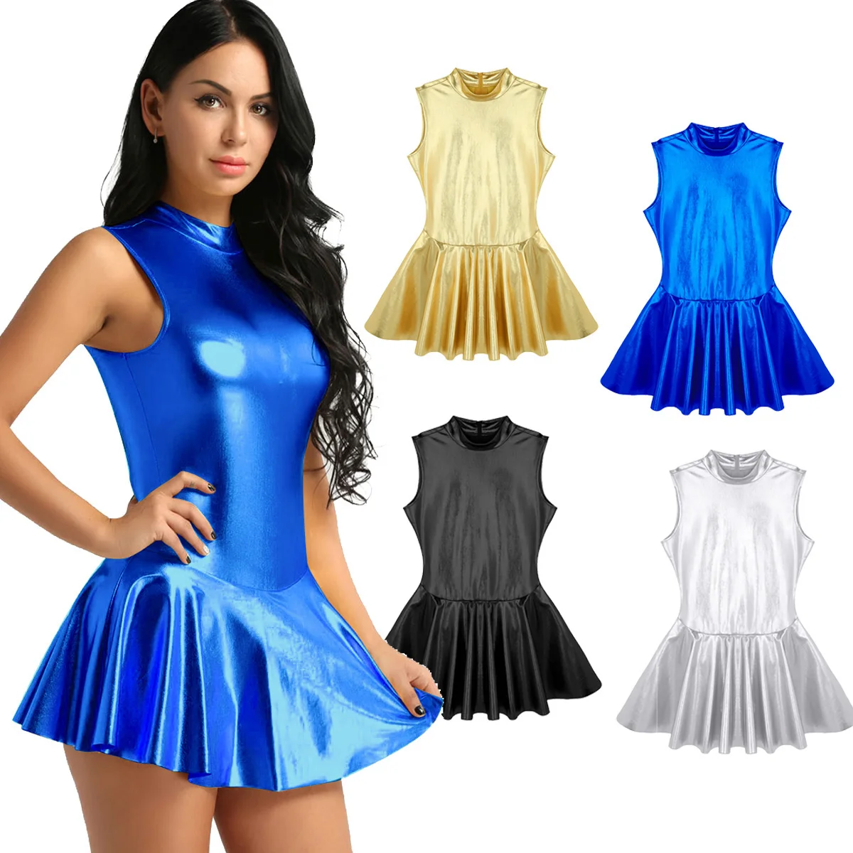 Woman Shiny Club Dress Leather Stand Collar Zipper A line Dress Party