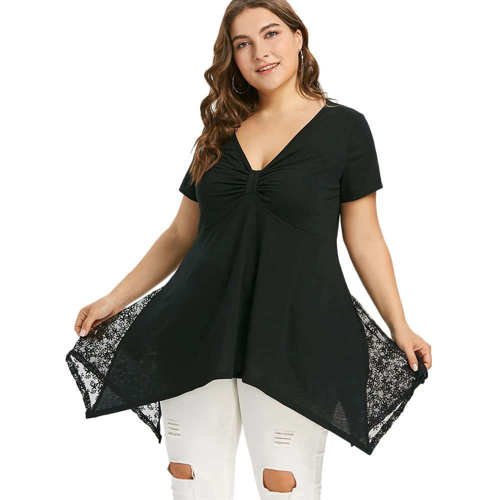 2018 Plus Size Asymmetric Lace Panel T shirt Women Deep V neck Solid ...