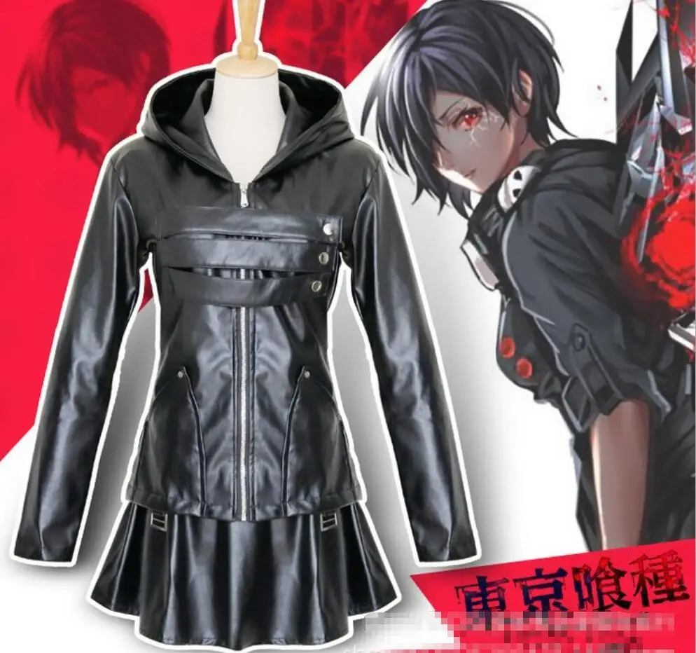 

Hot Tokyo Ghoul Cosplay Anime Cos Kirishima Touka Halloween Costume For Woman Cosplay Costume PU Battle Suit Top+Skirt+Socks