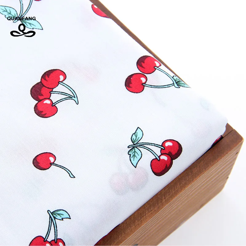 

QUANFANG Cotton Fabric Poplin For Patchwork Sewing DIY Handmade Hometextile Cloth Doll Sheet Dress White Red Cherry Half mete