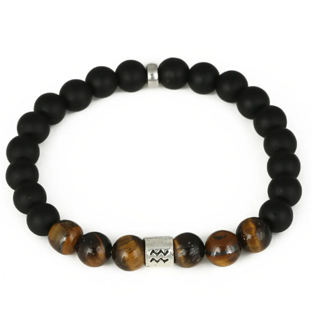 

8MM Natural Matt Black Onyx Bracelet Alloy Aquarius Charm Bracelet Tiger Eye Stone Yoga Energy Bracelets Hand Beaded Wholesale