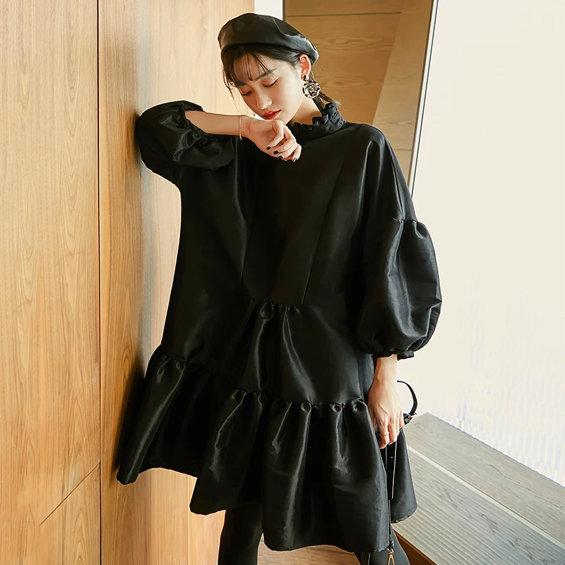 SHENGPALAE, пышное платье с рукавом три четверти для женщин, гофрированный воротник, Черное Мини бальное платье, женское платье, весна, корейский стиль, FL350