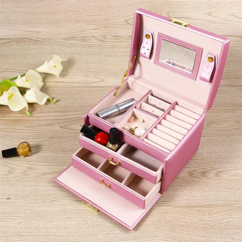 Cosmetic Organizer Jewelry Packaging Box Lockable Makeup Storage Case Organizer with Lift-Up Lid Mirror and Drawers