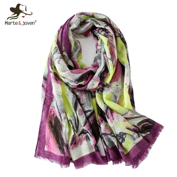 

Marte&Joven Art Painting Print Purple Women Fringe Scarf Elegant Autumn Winter Warm Scarves Pashmina Female Long Shawls Wraps