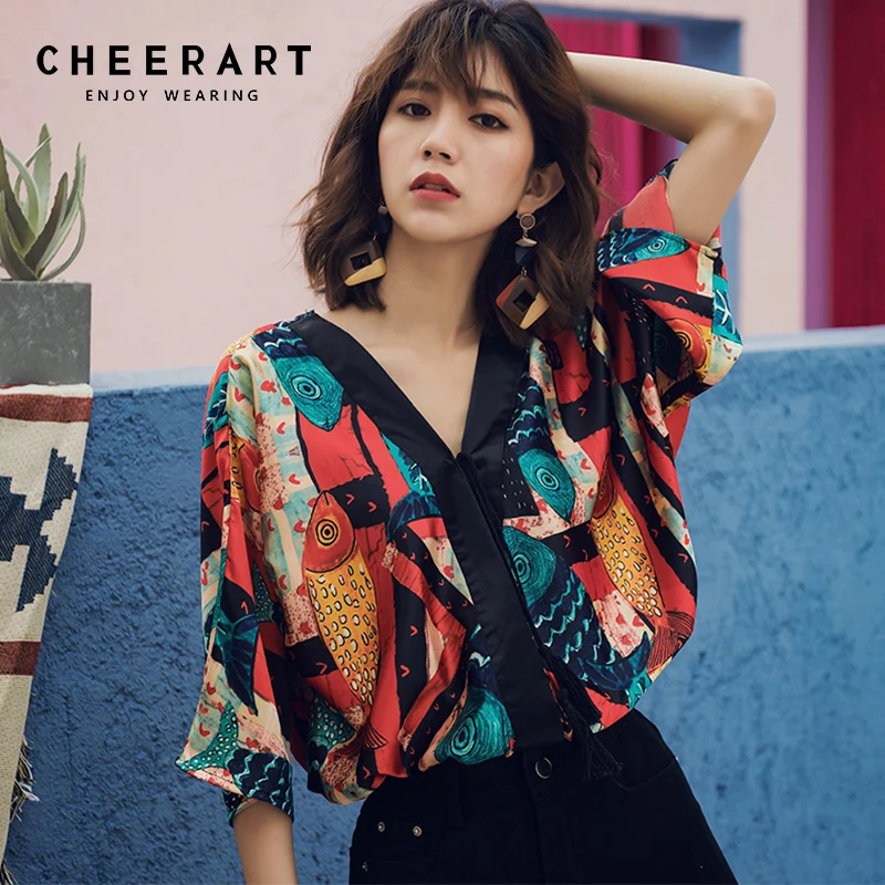

Cheerart Bohemian Ethnic Style Womens Crop Tops And Blouse V Neck Beach Top Vintage Print Summer Loose Satin Blouse Holiday Wear