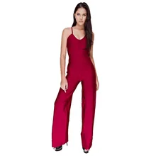 babatique Комбинезоны Для женщин комбинезон бинты Красный Полосатый С НАБОРНЫМИ БРЕТЕЛЬКАМИ V шеи Полная длина Знаменитости Вечерние боди