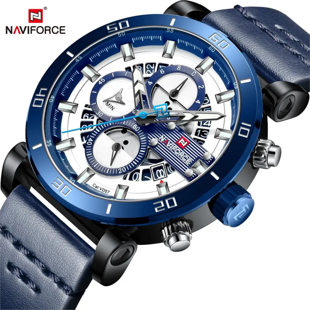 

NAVIFORCE Sport Chronograph Men Watch Fashion Analog Leather Army Military Man Quartz Clock Relogio Masculino 2018 Blue Timing