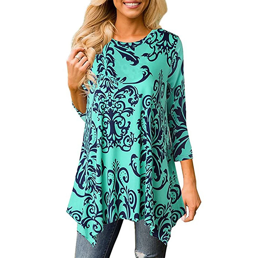 

Casual Print Vintage T Shirt Women Loose O-Neck Plus Size Irregular Top Mid-Long Tshirt Bohemia Breathable Lady T-Shirt Sexy Tee
