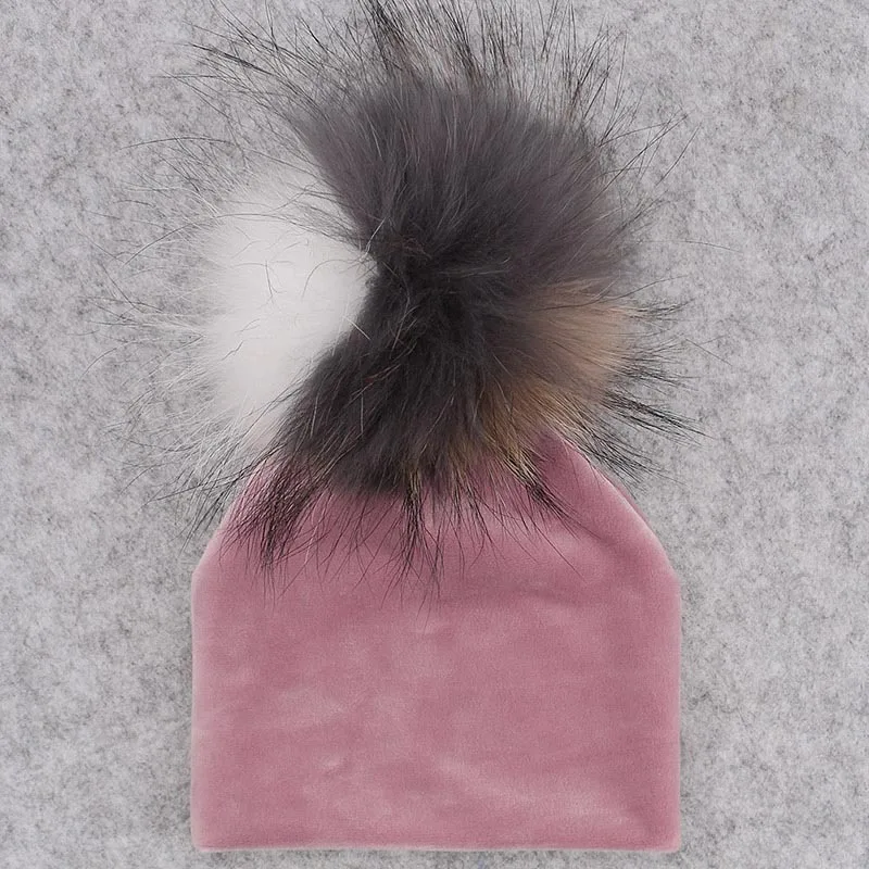 GZHILOVINGL Real Fur Pom Pom Baby Girls Boys Hat Warm Winter Knitted Velvet Hat Toddler Kids Soft Thick Flannel Beanies Pompoms - Цвет: pink No18