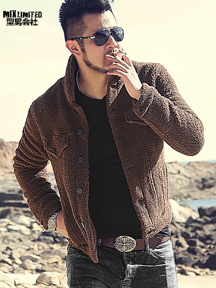Мужская осенне-зимняя новая Толстая теплая плюшевая куртка в Европейском стиле, верхняя одежда, мужская флисовая меховая брендовая шерстяная хлопковая куртка-кардиган F8217