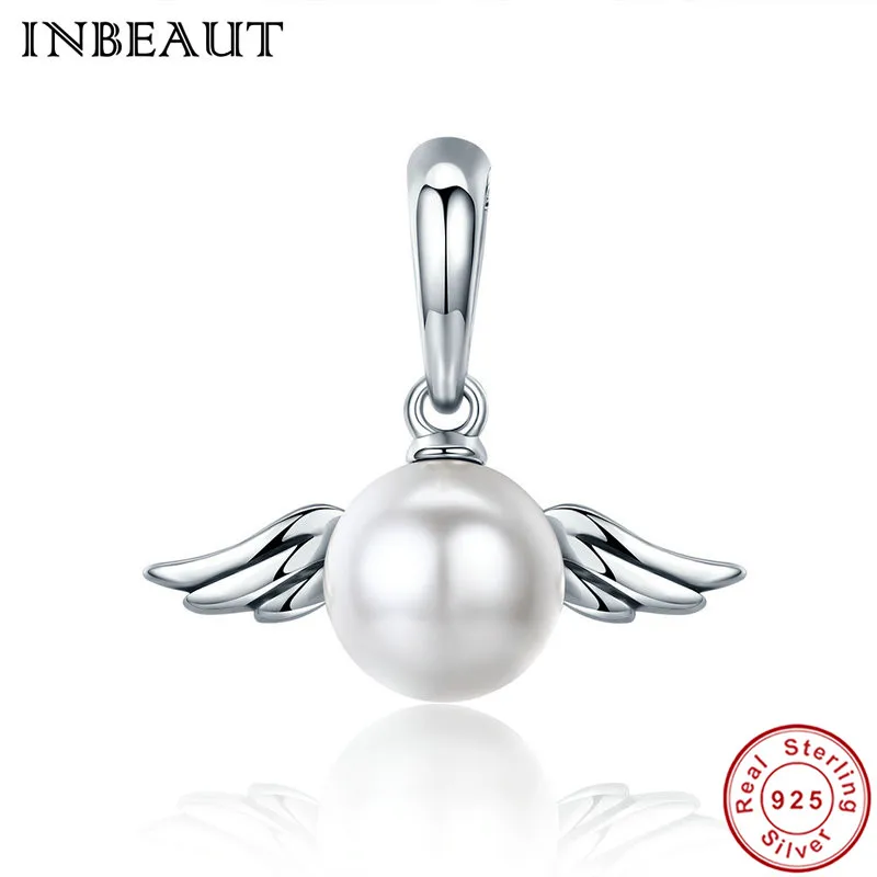 

INBEAUT Fashion Wedding Chain Necklace Pendant 925 Sterling Silver Lovely Angel Wing Feather Pearl Charm fit Trendy Bracelet