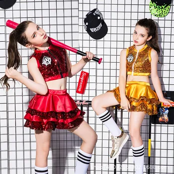 

New Children Show Performance Costumes Girls Sequins Hip Hop Dance Cheerleading Suits Jazz Dance Costumes 120cm-160cm