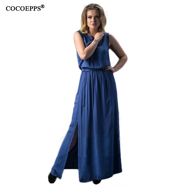 Новинка, женское элегантное платье 5XL 6XL размера плюс, длинное платье, 4XL, большой размер, длина до пола, макси платья, женская однотонная одежда без рукавов - Цвет: deep blue