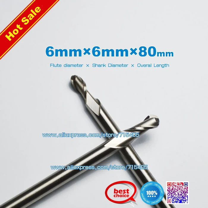 

6mm x 6mm x 80mm 2 Flutes HSS Straight Shank Ball Nose End Mill Cutter