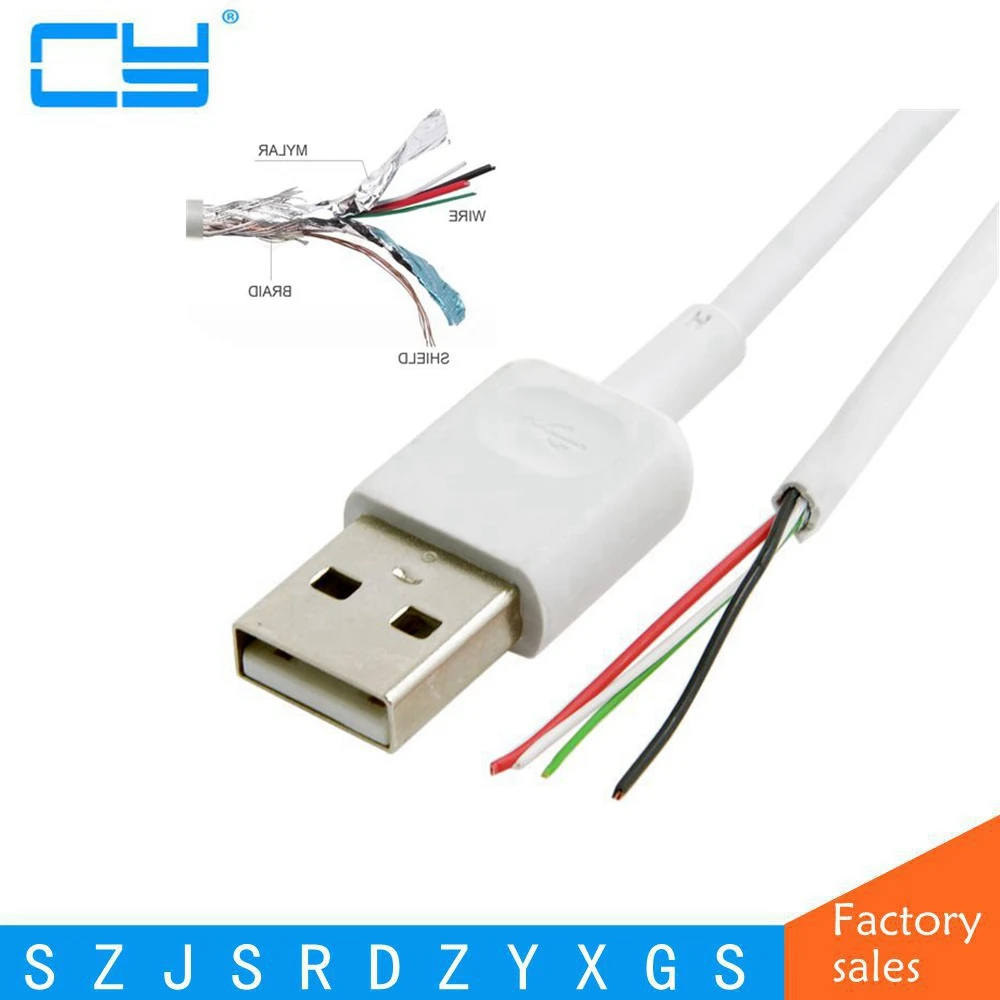 5 шт./лот USB 2,0 A Тип Мужской до 4 провода открытый кабель с оплеткой щит для DIY OEM Белый 70 см