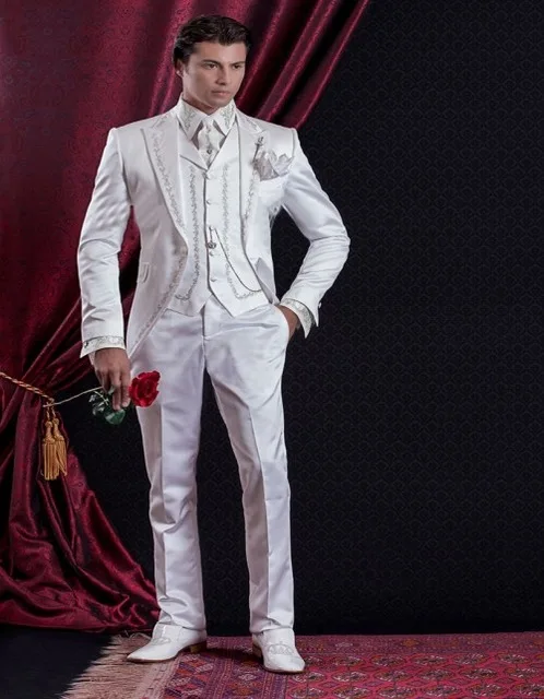 Embroidery Groomsmen Tuxedos(Jacket+Pants+Vest) White Groom Wedding Men Suit Set Prom Mens Suits Blazers Terno Masculino - Color: same as image