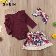 SHEIN Kiddie/комбинезон с оборкой для маленьких девочек и юбка с цветочным принтом и повязкой на голову; коллекция года; весенние Повседневные детские комплекты с длинными рукавами