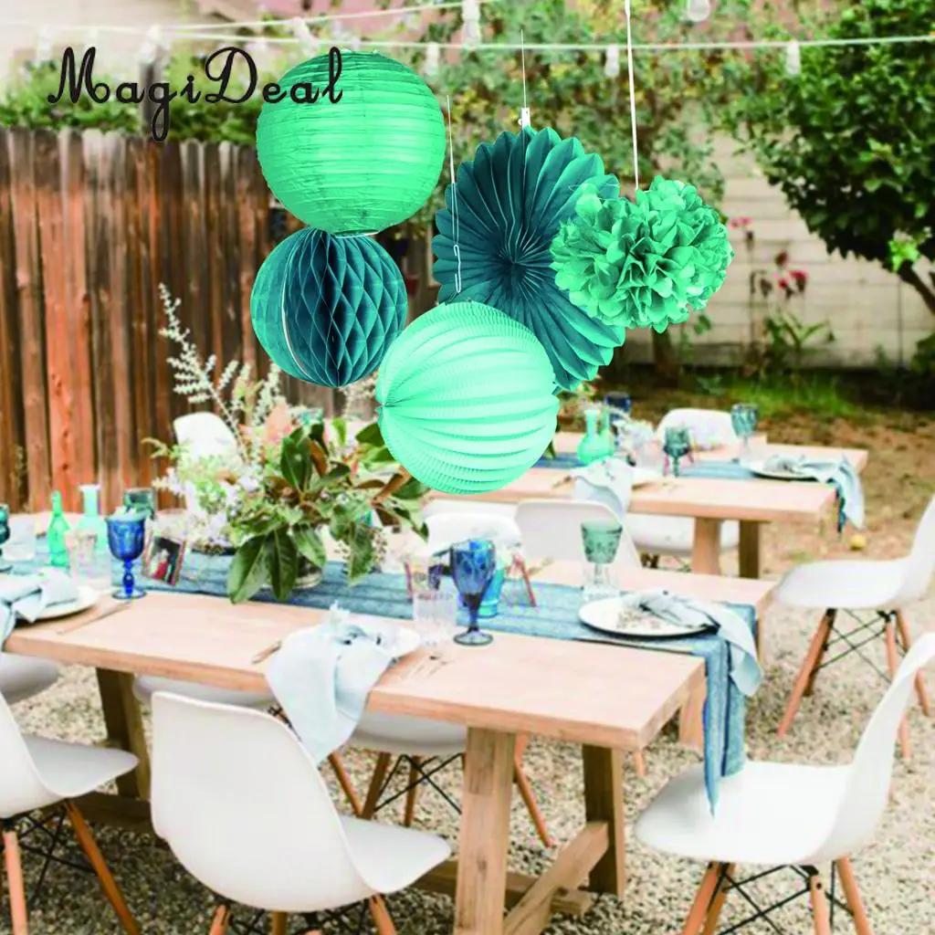 MagiDeal 5 Pieces Mixed Style Paper Pompoms Fan Honeycomb Ball Wedding Party Home Decor Blue and Green 