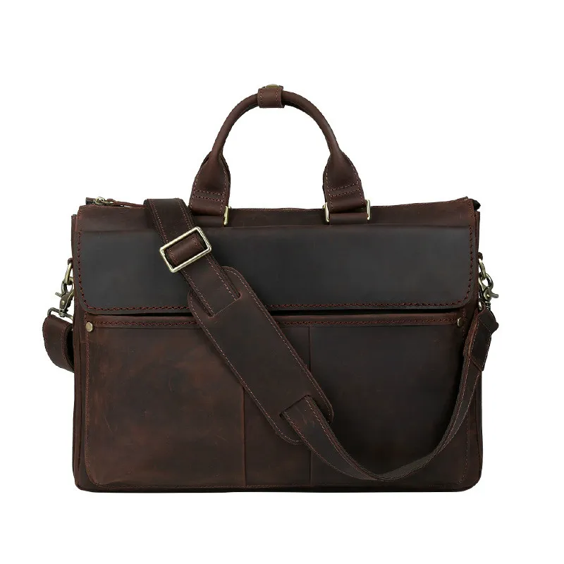 Aolen Crazy Horse Genuine Leather Men Bag Men Messenger Bags Vintage Business Briefcases Laptop Bags Men's Leather Laptop Bag