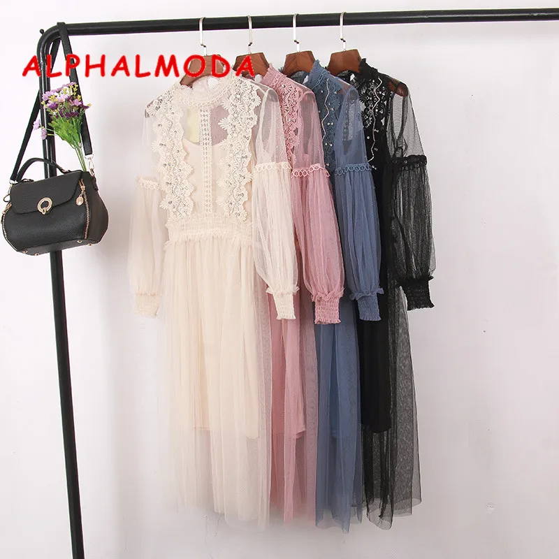 

ALPHALMODA 2018 Autumn New Arrived Women's Sweet Lace Dress Long-sleeved Crystal Decored Floral Lace Ladies Graceful Dress Set