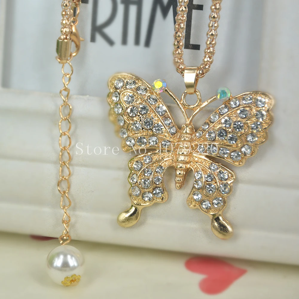 

X Butterfly Sweater Bead Necklace Jewelry Crystal Women Long Necklace Pendants Rhinestone Chain Christmas Valentine's Gift