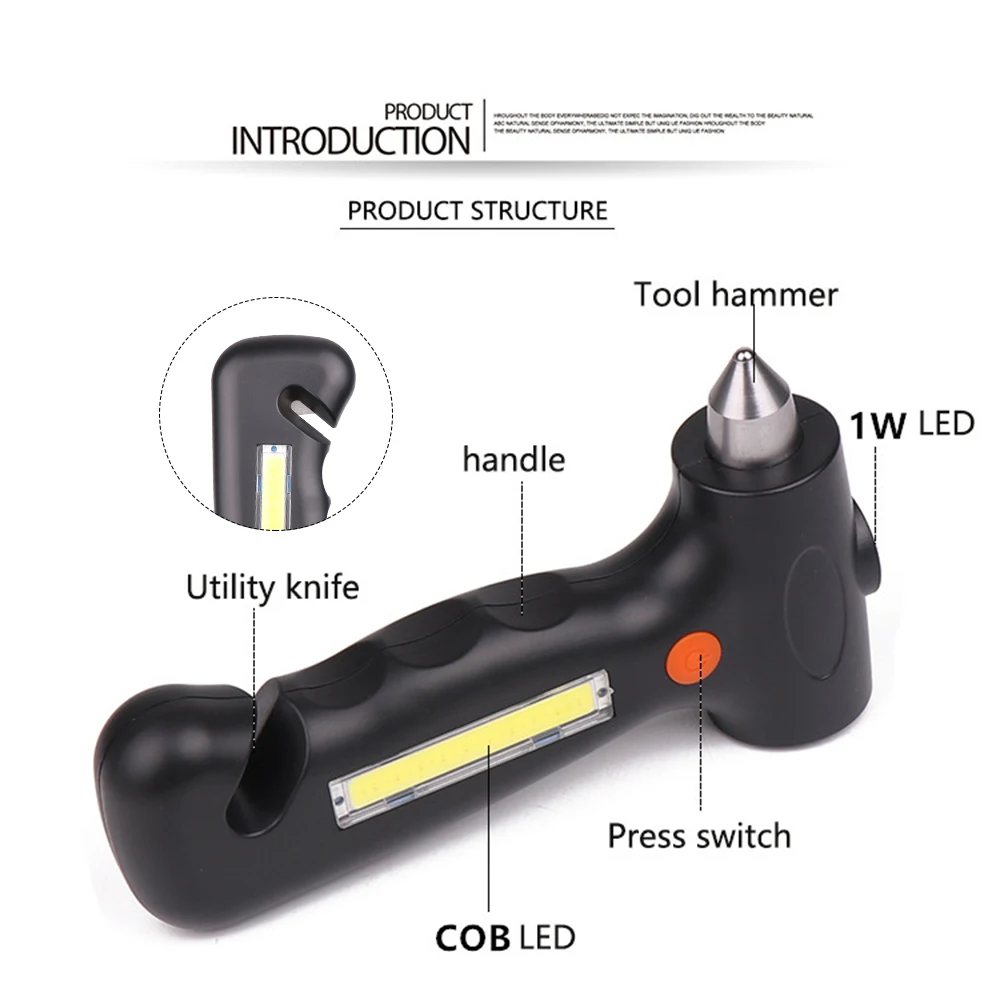 Многофункциональный светодиодный фонарик с защитным молотком, резак для веревок, встроенный литиевый аккумулятор, безопасные инструменты