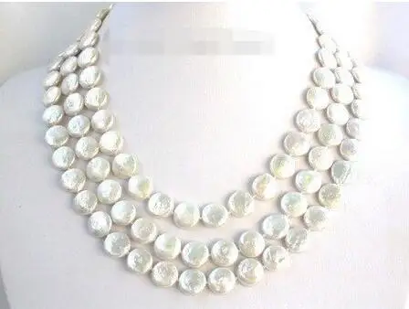 

FREE SHIPPING HOT sell new Style >>>>> 3row 12mm coin round white cultured pearls necklace