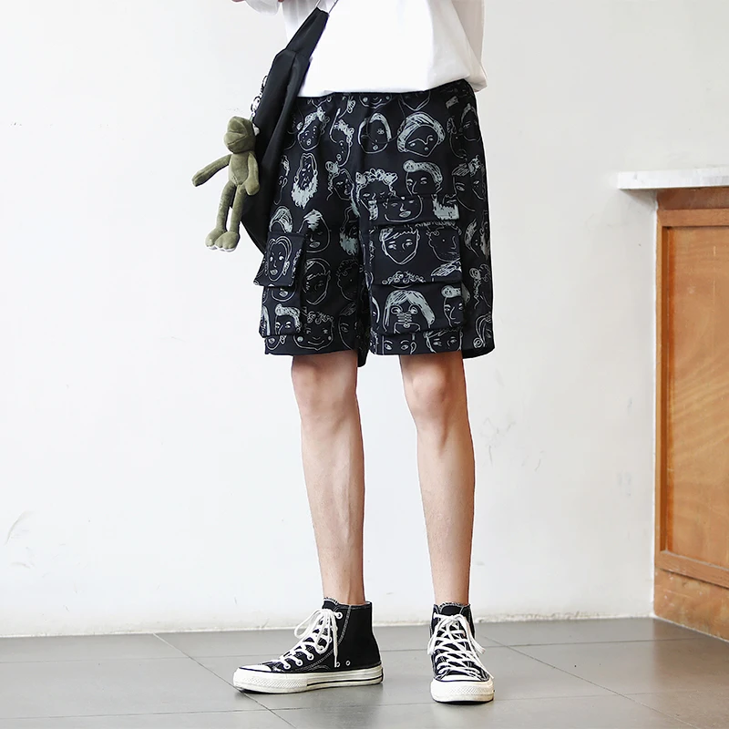 Summer New Original Cotton Couple Tooling Cartoon Print Student Leisure Element Solid Color Loose Large Size Shorts M-XL - Цвет: black