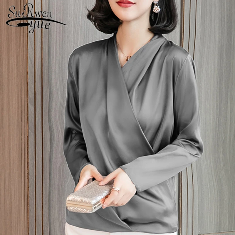 

2018 new women's blouses soft fashion shirts women OL solid-color Vneck lady tops shirt autumn plus size feminine blusas 1128 40