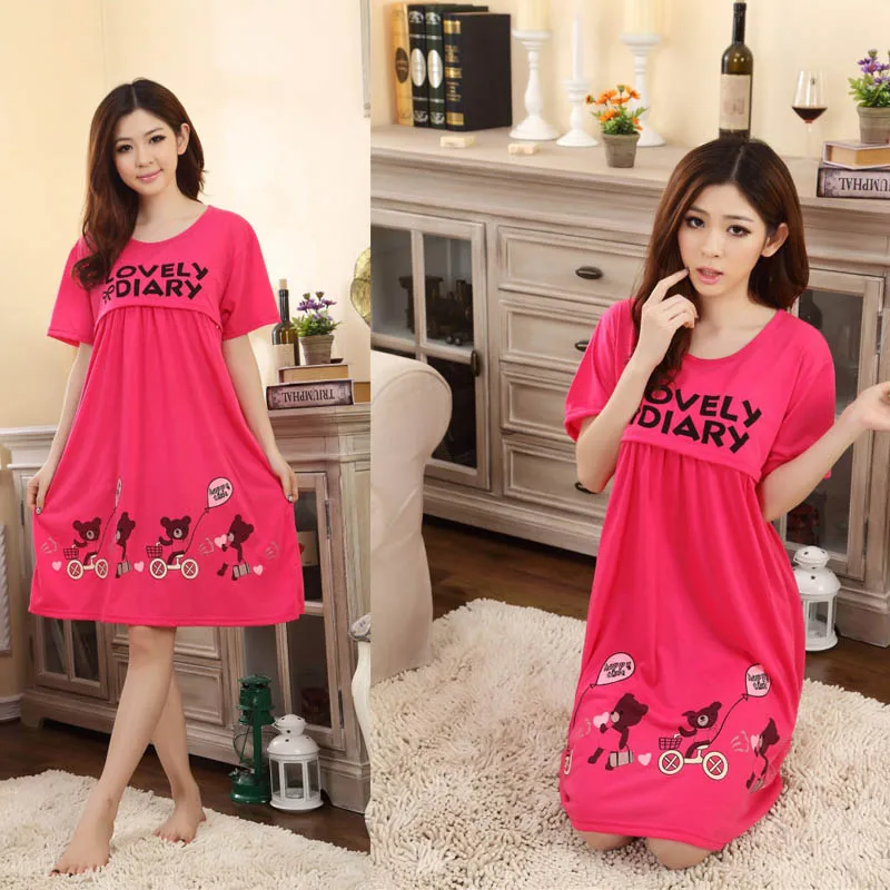 Ночная рубашка для беременных женщин, свободная ночная рубашка с милым мультяшным медведем, одежда для кормления грудью, платье для беременных, пижама para as mulheres - Цвет: Hot Pink