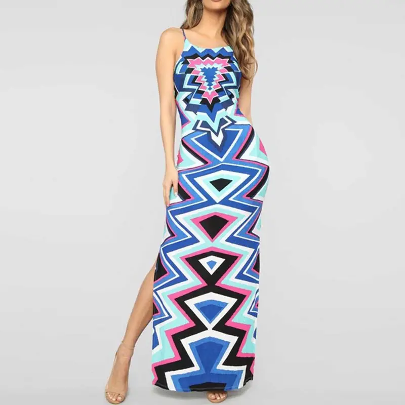 

Backless Sexy Strap Bodycon Maxi Dress Women Split Print Fashion Lace Up Summer Ladies Casual African Elegant Party Long Dresses
