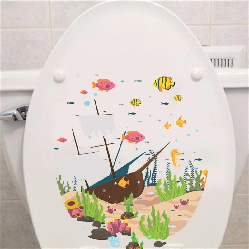colorful underwater sea fish toilet wall stickers bathroom shop home decorations cartoon animals wall decals pvc mural art