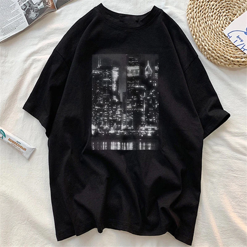 

2019 New T Shirt Women Cotton Harajuku Aesthetics City Night View Tshirt Short Sleeve Sexy Summer Female Plus Size Tops Tees