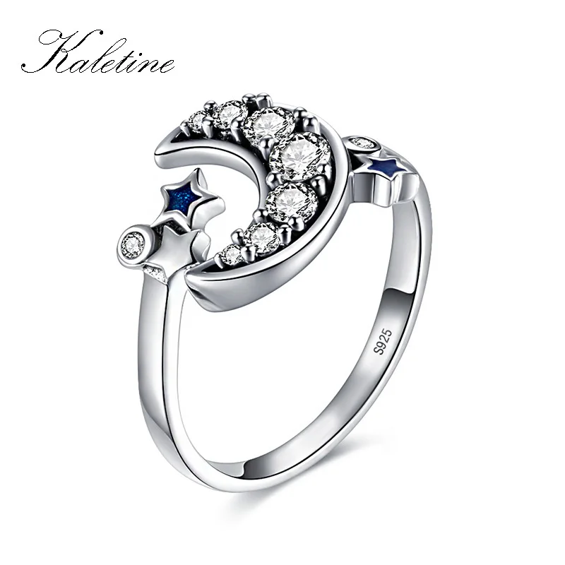 

Kaletine 925 Sterling Silver Adjustable Ring Crescent Moon Blue Star Open Finger Rings for Women Wedding Engagement Jewelry Gift