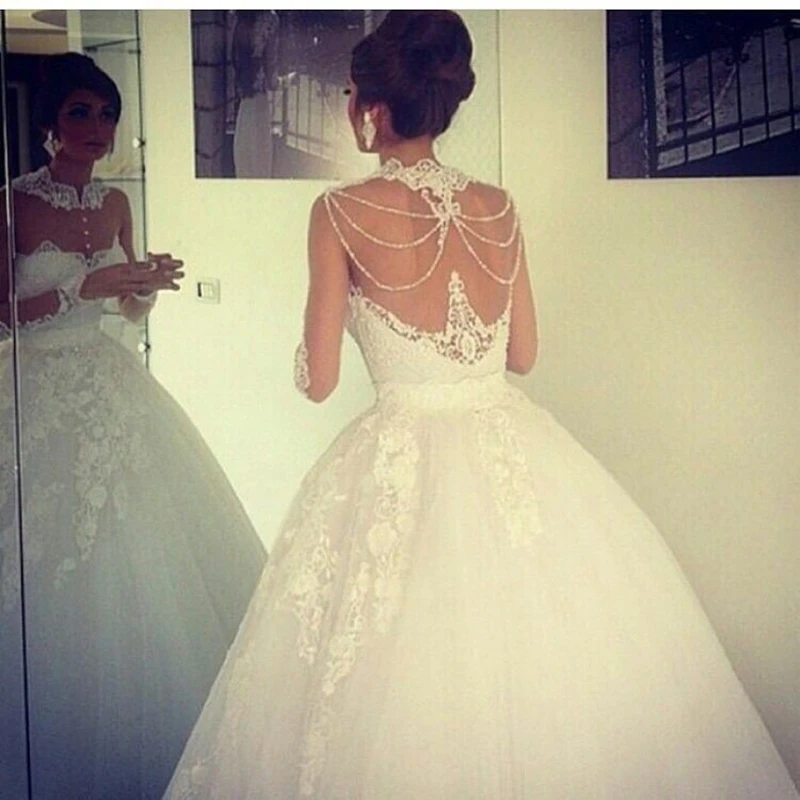

hot Selling Lace Wedding Dress Long Sleeve Lace Wedding Dress 2019 High Collar Sheer Appliques Beaded Ball Gown Wedding Dresses