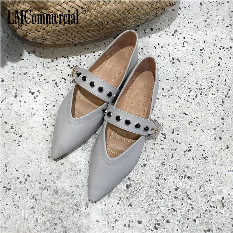 

flat bottom Korean retro Mary Jane shoes new all-matching rivets belt buckle pointed shallow mouth loafer shoes for women
