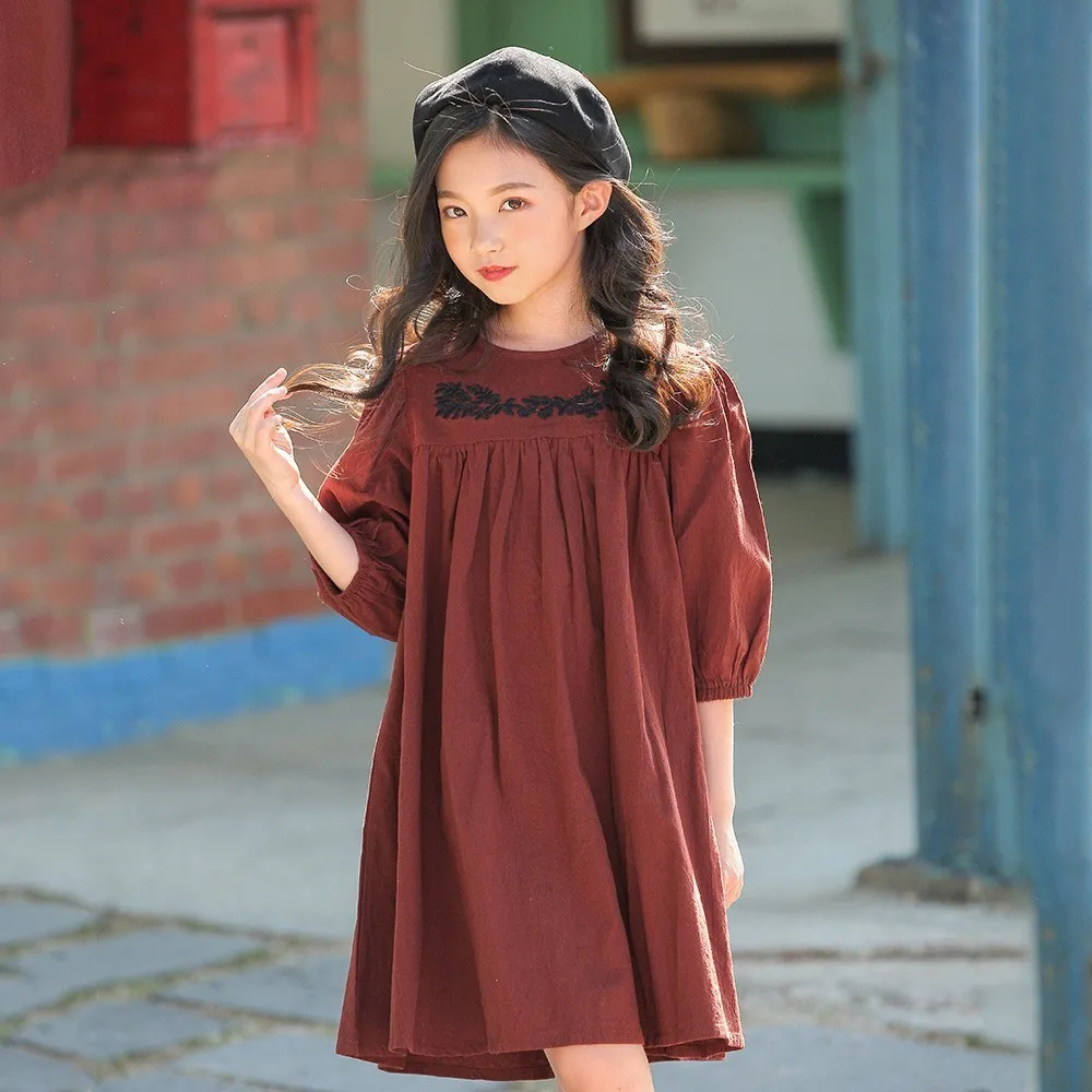 

Cotton Linen Teenage Princess Girl Dresses Embroidered Floral Toddler Dress For Girls Spring 2019 Autumn Black Orange Clothes
