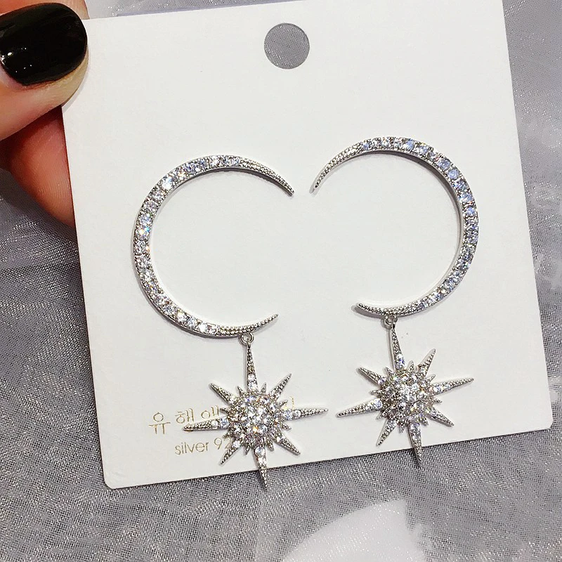 

High-end Large Moon Star Dangle Earrings Gold/Silver Color Micro Paved Cubic Zirconia Earrings for Women Statement Jewelry