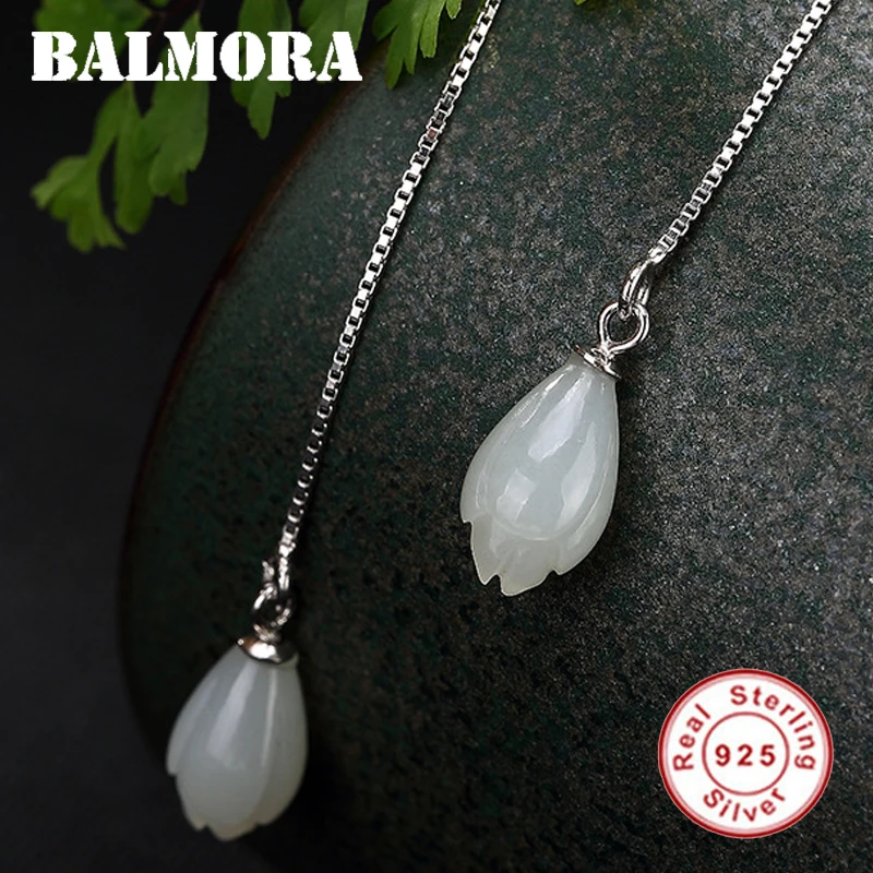 

BALMORA 925 Sterling Silver Magnolia Flower Ear Line Dangle Earrings for Women Fashion Retro Chalcedony Jewelry Brincos JWE1015