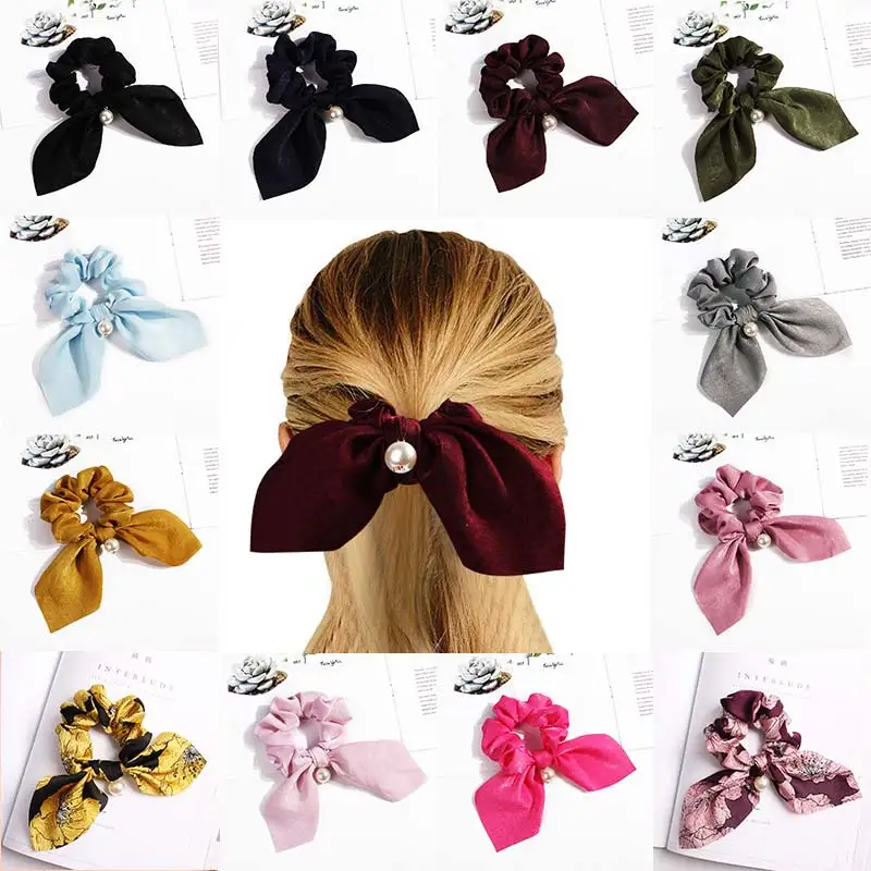 

Fashion vintage silk hair rope tie ring Pearl Print Rabbit Ear Scrunchie women girl ponytail holder Gum elastic Hair Accessories