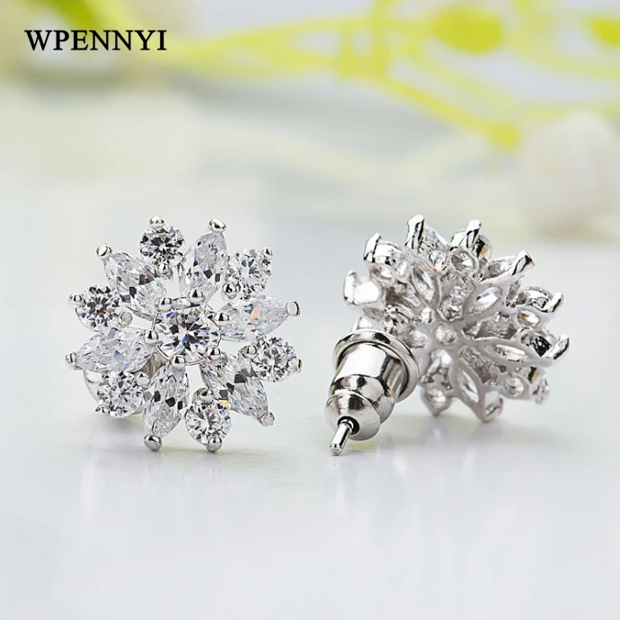 

White Gold Color Sparkling Cubic Zirconia Fully Inlay Crystal Flower Petal Element Woman Stud Earrings Wholesale Fashion Gift