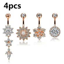 4 шт./компл. пикантные Висячие пупка Бары пупка розовое золото Кольца Пирсинг живота, фианиты, кристаллы, цветок, ювелирное изделие для тела Пирсинг пупка кольца