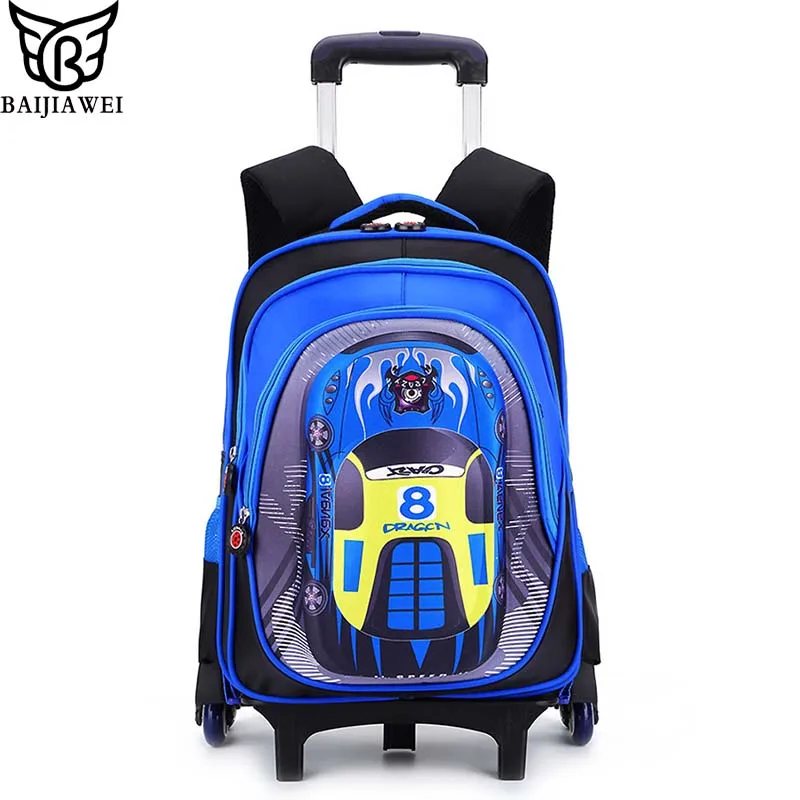 

BAIJIAWEI Children 3D Car Cartoon Trolley Bag Primary School Six Wheels Climb Stairs Backpack Boys School Bags Wheeled Bag