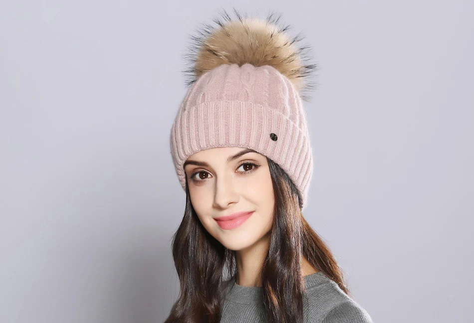 Woman Winter Hats Wool Skullies Beanie Raccoon Fur Pom Pom Stripe Knitted Hat Female Autumn Skullies Beanies  (1)